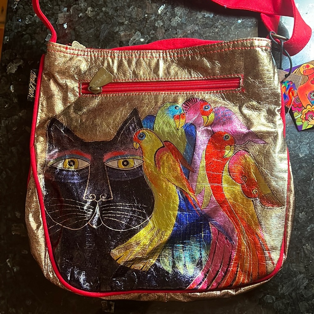 Vintage Sun N Sand Laurel Birch cats and birds foil cotton cross body tote